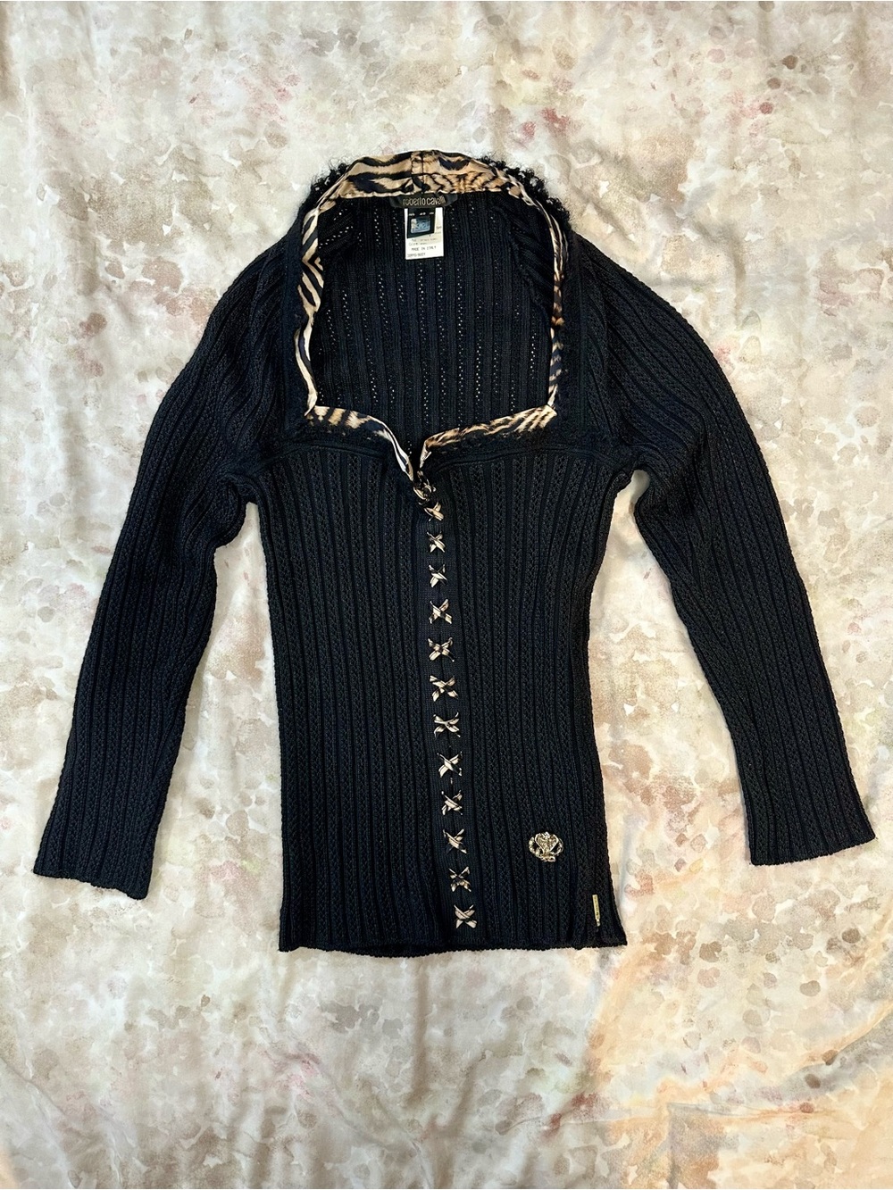 Roberto Cavalli Black Ribbed Zip-Up Cardigan with Animal-Print Trim